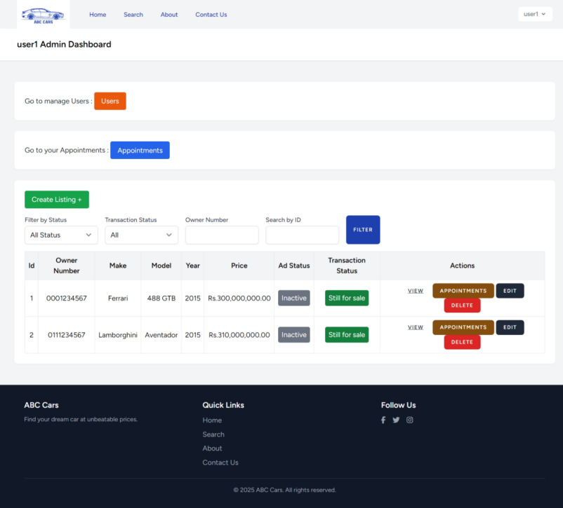ABC Cars - admin dashboard screenshot