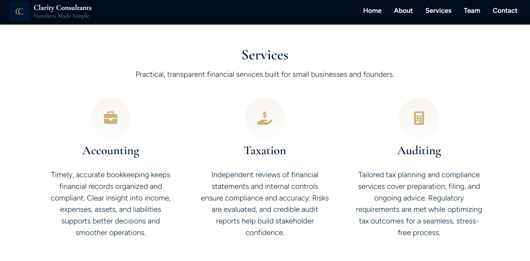Clarity Consultants - services page screenshot