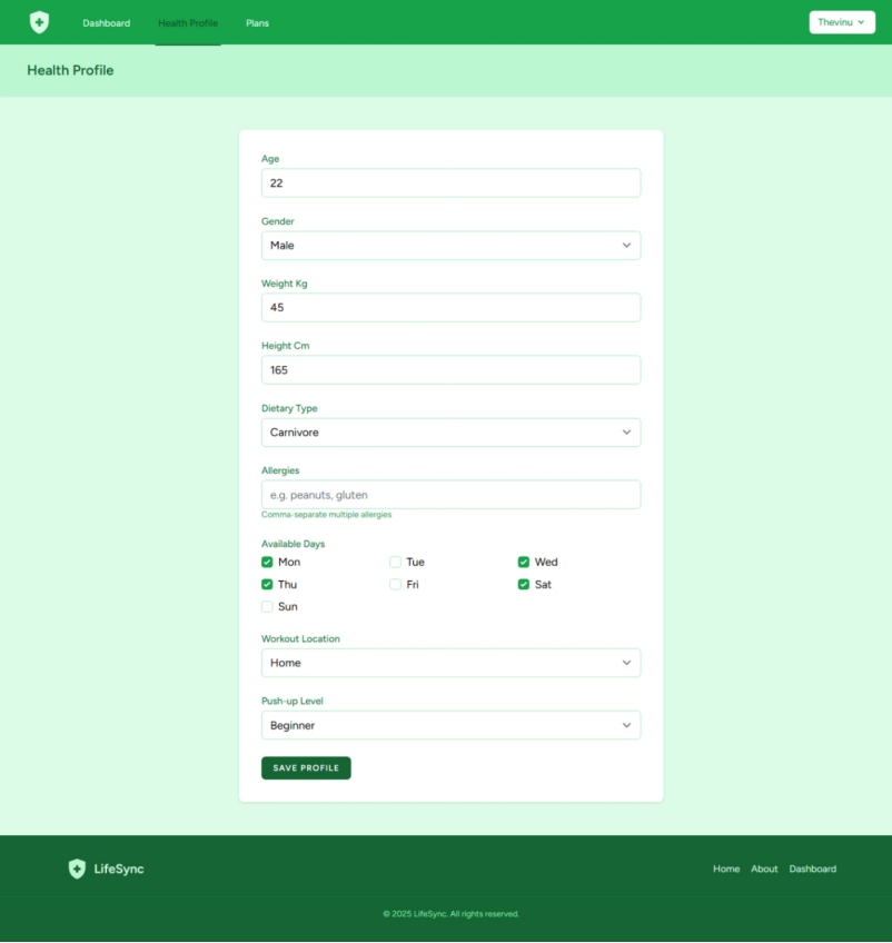 LifeSync AI - profile page screenshot